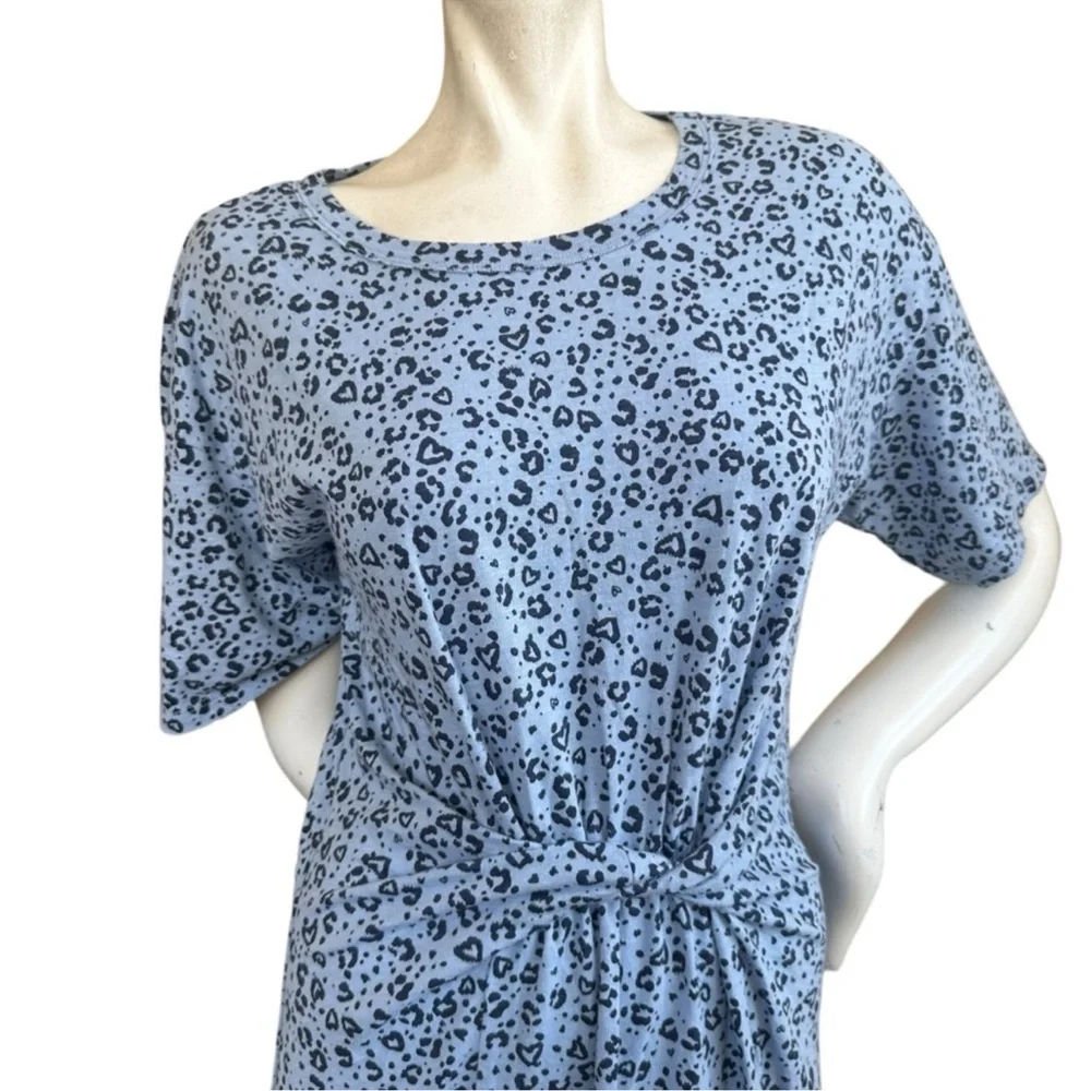 Aerie Blue Twist Front Short Sleeve Leopard Print Casual Tee Shirt Dress Medium